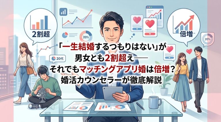 「一生結婚するつもりはない」が男女とも2割超え——それでもマッチングアプリ婚は倍増？婚活カウンセラーが徹底解説